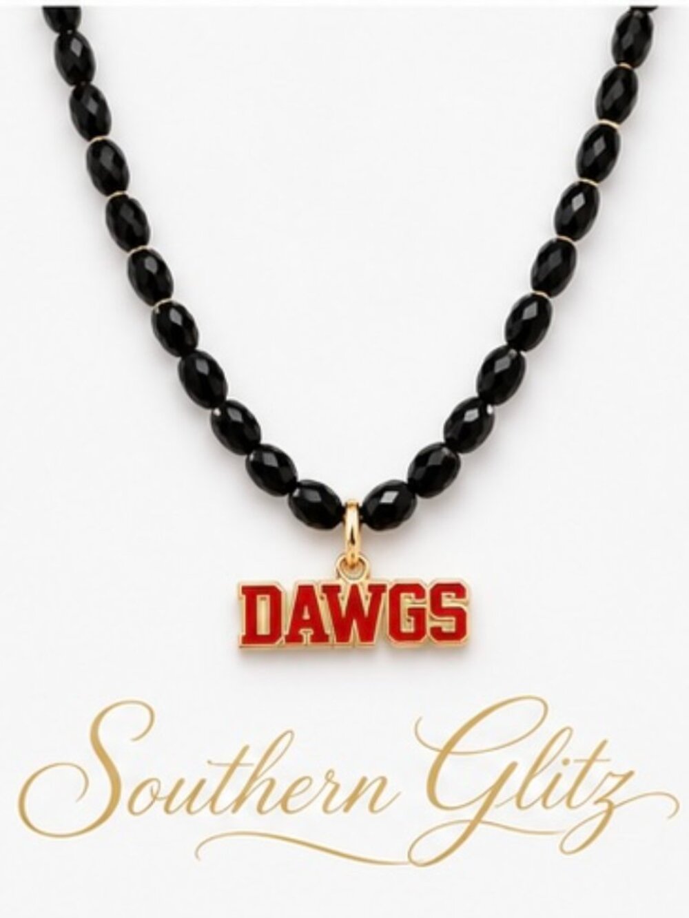 Black Beaded DAWGS Necklace, Red & Gold Game Day Pendant, Georgia Inspired Jewel